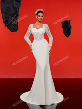 Lace Long Sleeve Satin Vintage Mermaid Wedding Dress With Train, Formal Gown